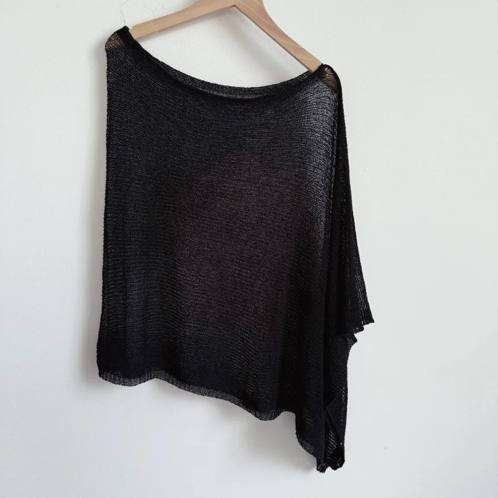 Casual Drop Shoulder Crochet Poncho Sweater Sheer Multi-wear Halter Shawl Irregular Knitted Cover-ups Vacation Outfits