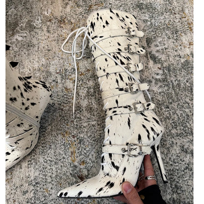 High Qaulity Horsehair Patchwork Thin High Heel Long Boots Women Pointed Toe Lace Up Sexy Fashion Women Boots For 2025 Autumn