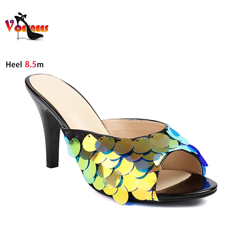 Elegant Style Lady Slippers Nightclub Club Summer Sequins High Heels Luxury Designer Stiletto Sandals Women Party Shoes Female