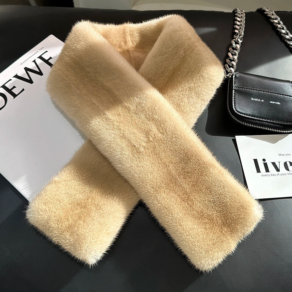 Winter Warm Fluffy Real Mink Fur Scarf Loophole Soft Luxury Neck Wraps for Cold Winter Rectangle Formal Collar