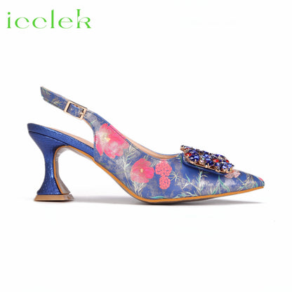 Newest Green Color Print Design High Heels Decorated with Water Rhinestone Party Women's Shoes and Bags Set