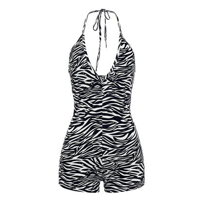Weird Puss Sexy Fashion Playsuits Woman Zebra Stripes Lace-Up Halter Backless Shape Waist Skinny Peach Hip Wild Style Rompers