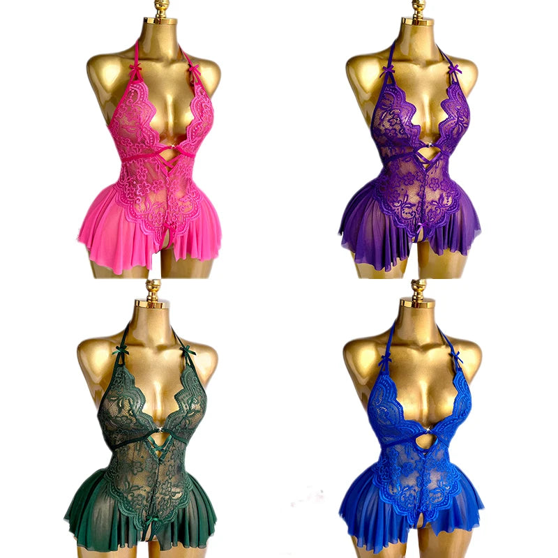 Sexy Crotchless Lingerie Women Lace Hollow Bodysuit Pajamas Teddy Babydolls Deep V Underwear