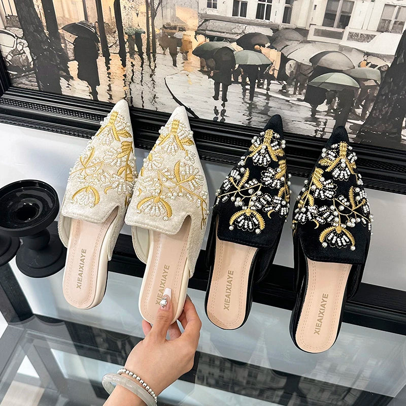 Embroidery Women Mules Slippers Luxury Elegant Pointed Toe Slides Shoes Ladies Sandalias Pointed Bead Embroidery Roman Style
