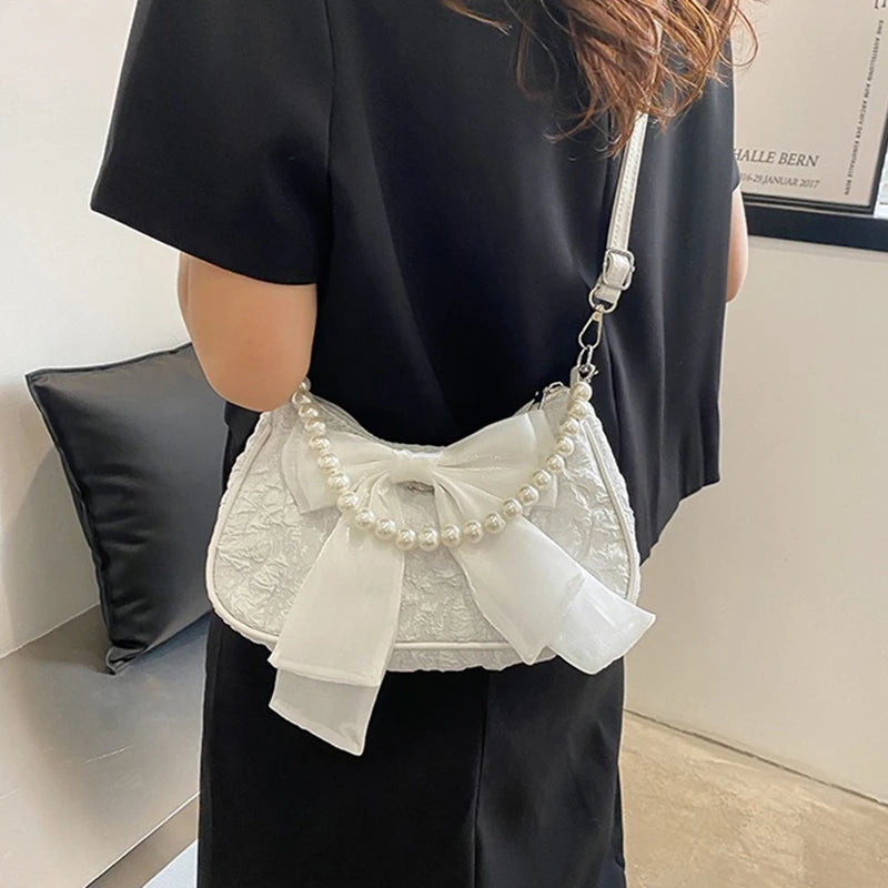 White Folds Pearl Female Bag Retro Luxury Designer Handbag Bow Crossbody Bags Fashion Y2K Vintage Women's Shoulder Bag Purses