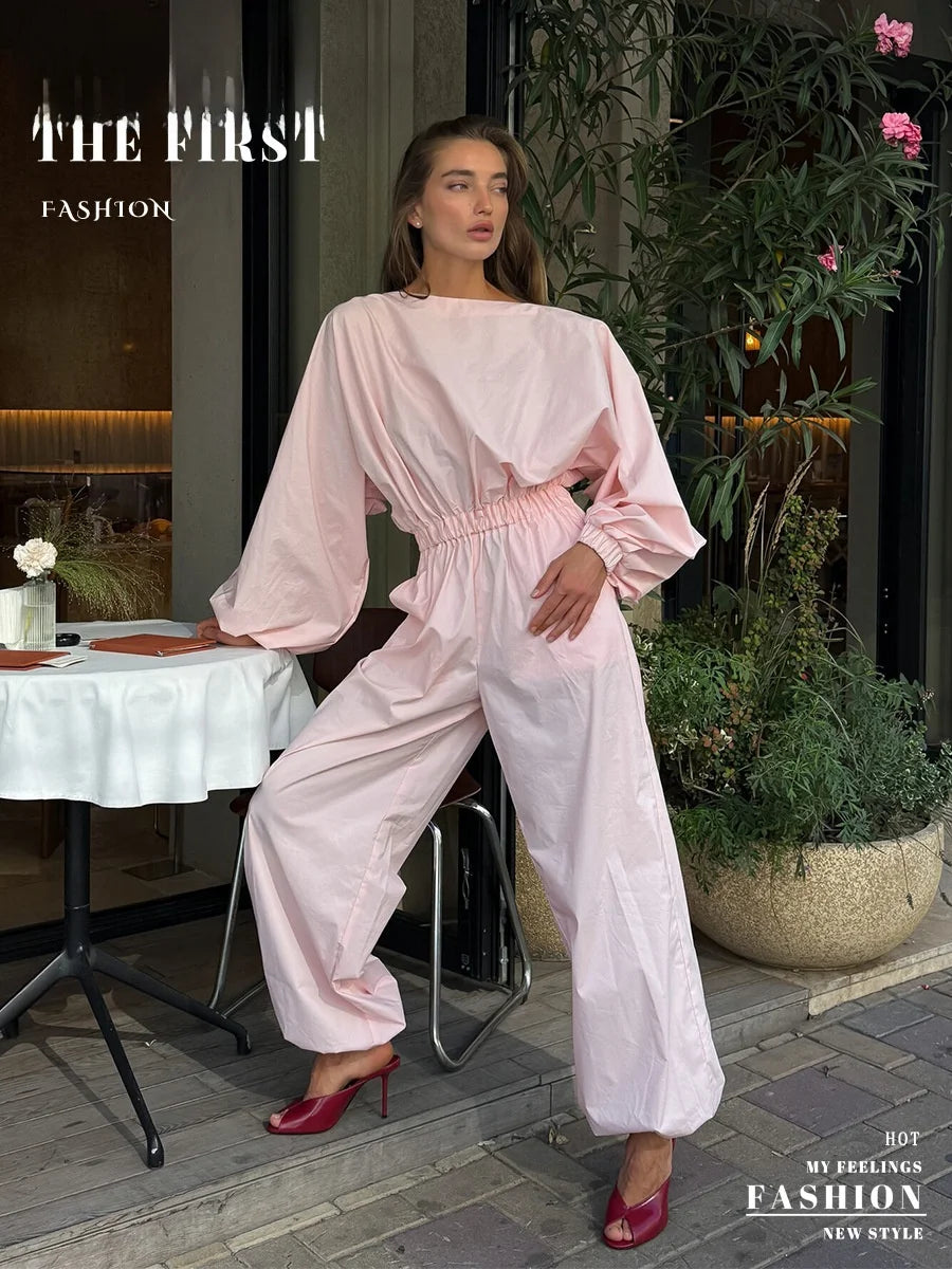 Pink One-Piece Suit Women's Spring Summer New Lantern Sleeve Backless Top Waist-Cinching Wide Leg One-Piece Suit