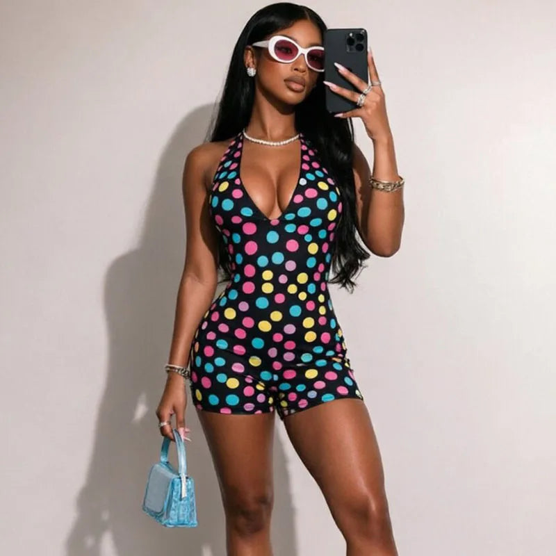 Doyerl Polka Dot Short Jumpsuits for Woman Summer Clothes 2026 Halter V-neck Backless Sleeveless Skinny One Piece Playsuit Mono