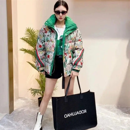 2026 Winter European Fashion Brand Color Splicing Printed High-End Down Jacket Female Thick White Duck Down Short Women's Coat