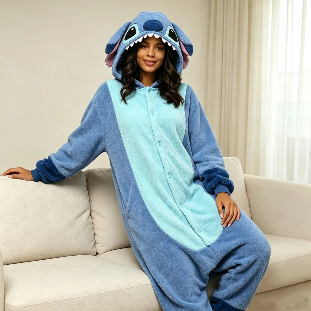 Soft Polar Fleece Stitch Hooded One Piece Pajamas Unisex Button Closure Long Sleeve Loose Onesie Nightwear Indoor Loungewears