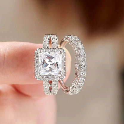 Newshe 2Pcs Solid 925 Sterling Silver Wedding Rings for Women Bridal Set 8*8mm 3CT Princess Cut 5A Cubic Zircon Fine Jewelry