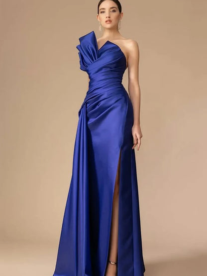 SoDigne Elegant Satin Evening Dresses Strapless Side Slit A-Line Party Dress Formal Occasion Prom Gowns Customized