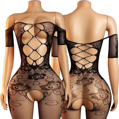 High Neck Fishnet Hollow Bodysuits For Women Sexy Long Sleeve Crotchless Jumpsuits Erotic Outfits Mesh See Through Teddy Rompers