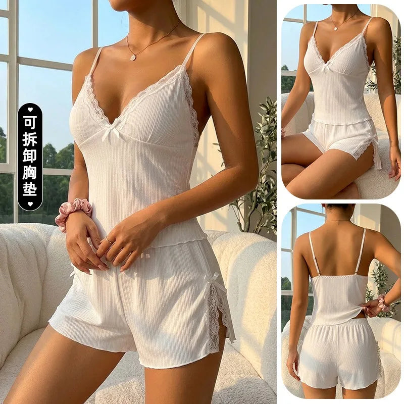 Women's Ribbed Lace Camisole Shorts Pajama Set Summer Breathe Sleeveless Sleepwear 2 Piece Set Female Soft Elastic Homewear