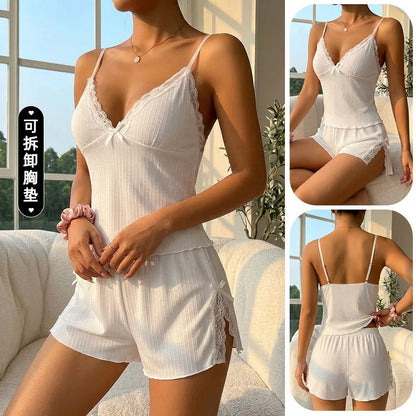 Women's Ribbed Lace Camisole Shorts Pajama Set Summer Breathe Sleeveless Sleepwear 2 Piece Set Female Soft Elastic Homewear