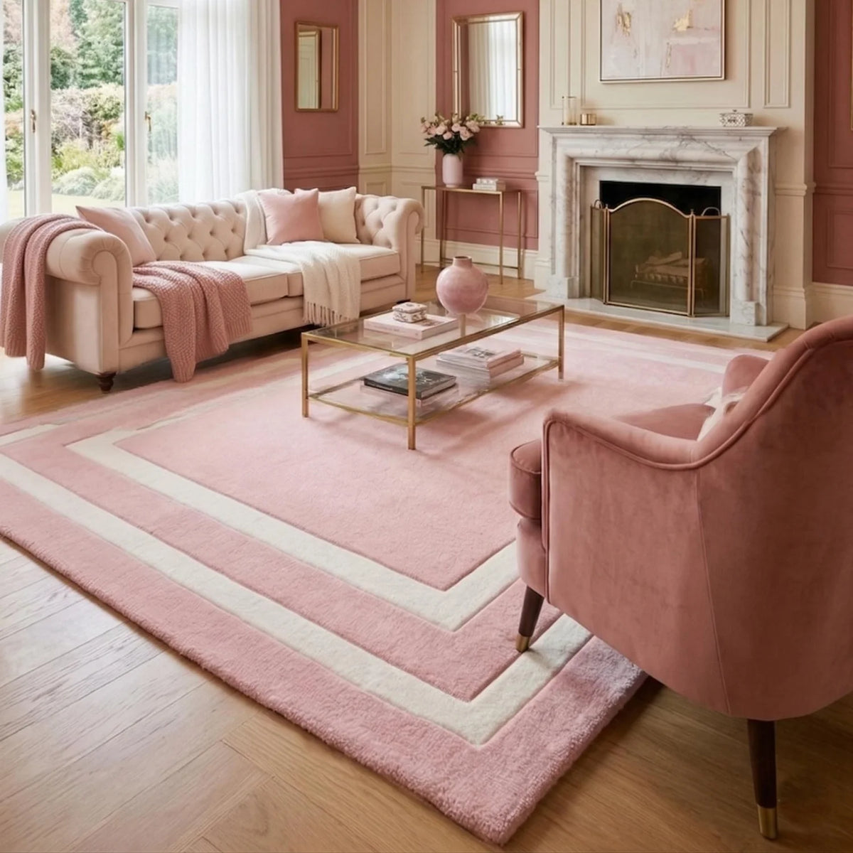 Room Decor Rug  H1andtufted Blush Pink Area Rug Light Cream Border Minimalist Carpet Modern Nursery DE1cor Custom Tufted Rugs Pastel Aesthetic Bedroom Art