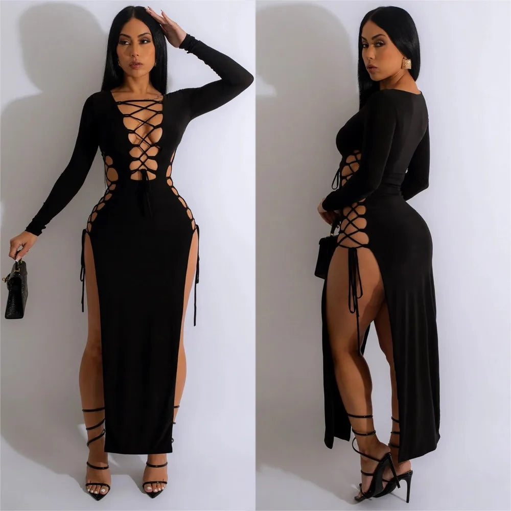 HLJ Sexy Solid Hollow Out Bandage Slit Bodycon Mid Dresses Women Round Neck Long Sleeve Slim Vestidos Fashion Party Club Clothes