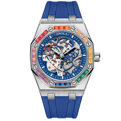 ONOLA 3834 Luxury Diamond Set Design Men's Automatic Mechanical Watch Fashion Hollow Sports Silicone Strap Watches for Man