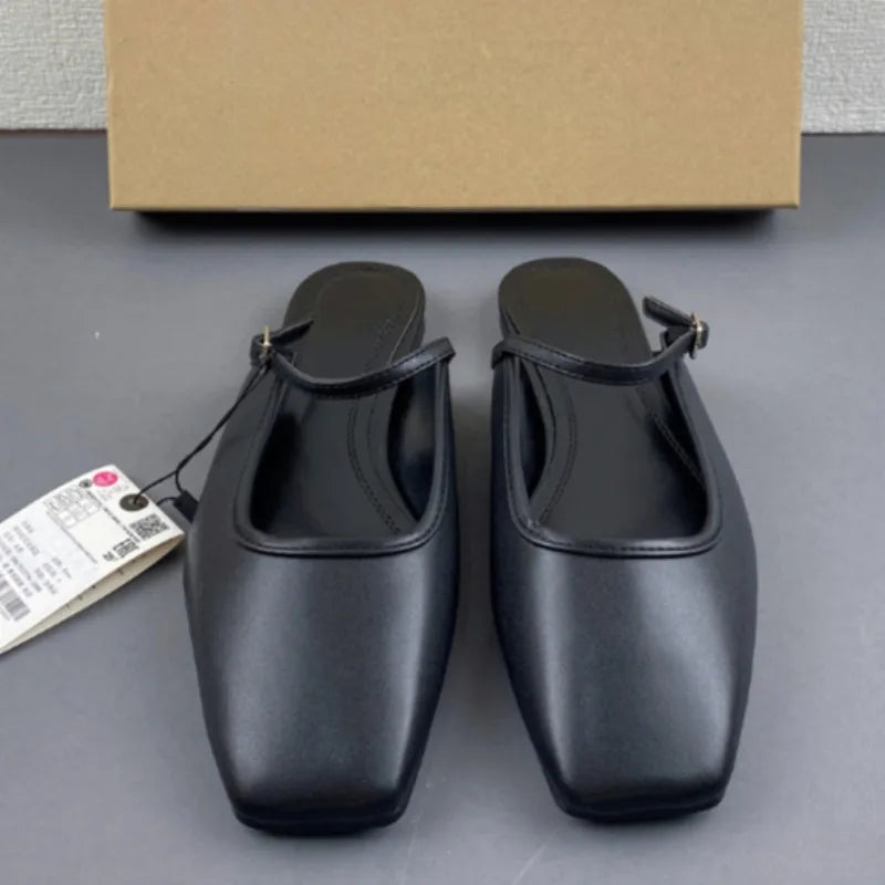 2025 Summer Mules Shoes for Women Luxury Slik Fashion Solid Square Toe Casual Lady Flat Sandals New Design Slingback Footwear