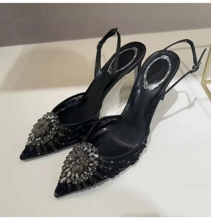 Luxury Diamond Pearls Lace Mesh Women Pumps Elegant Pointed toe Thin High heels Fashion Summer Slingbacks Wedding Party Shoes