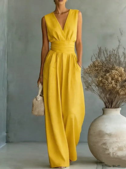 2026  V Neck Women's Jumpsuits Elegant Solid High Waist Rompers Casual Wide Leg Pants Pocket Overalls Vacation Outfit Loose