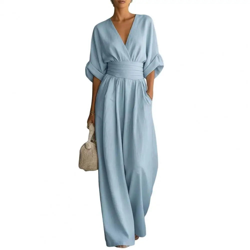 Women's One Piece Jumpsuits Casual V-Neck Short Sleeve Wide Leg Rompers Summer High Waist Beach Vacation Outfits with Pockets