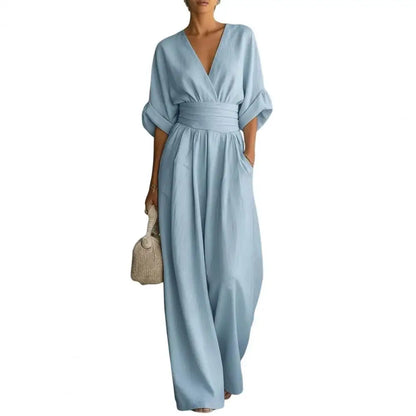 Women's One Piece Jumpsuits Casual V-Neck Short Sleeve Wide Leg Rompers Summer High Waist Beach Vacation Outfits with Pockets