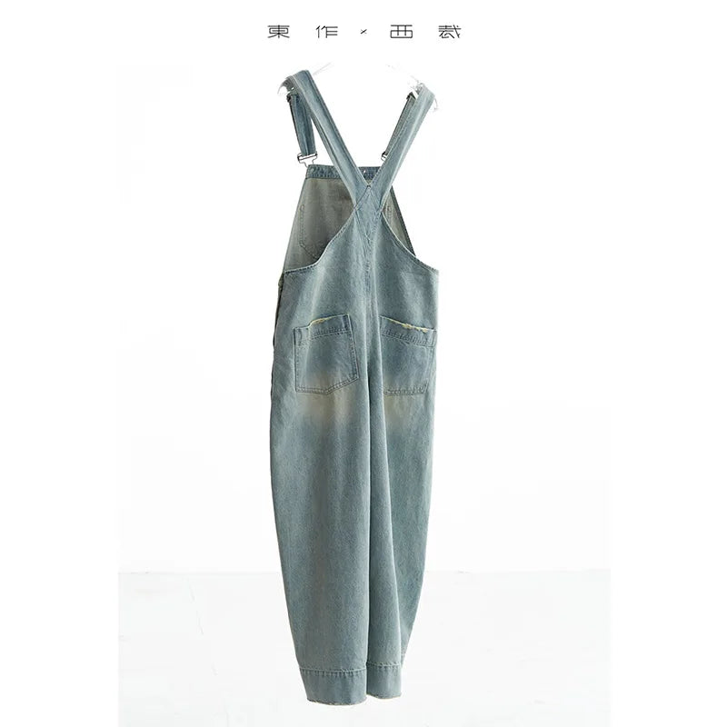 Age-Reducing, Laid-Back Style~ Women's Washed Light Blue Denim Overalls, Versatile Slim-Fit Straight-Leg Jumpsuit