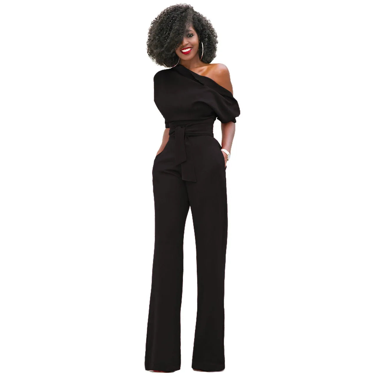 2024 Summer New Fashion Women's Jumpsuit Solid Color Slanted Shoulder Elegant Temperament Sleeveless Long Wide Leg Jumpsuit