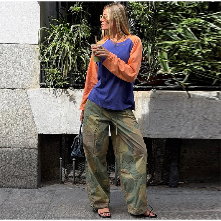 Women Camouflage Cargo Long Pants High Waist Wide Leg Drawstring Hem Baggy Trousers 2026 Autumn Casual Chic Vintage Streetwear