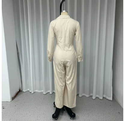 Jumpsuit Women 2024 Autumn Commuting Fashion Turn-Down Collar Long Sleeve Pocket Design Casual Jumpsuits New Female One Pieces