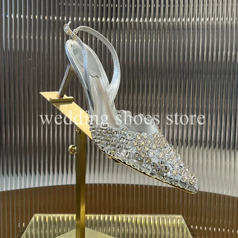 Handmade Metal Wire Braid Rhinestone Stiletto Glitter Crystal Sandals Pointed Sandals Wedding Luxury High Heel Party Women Shoes