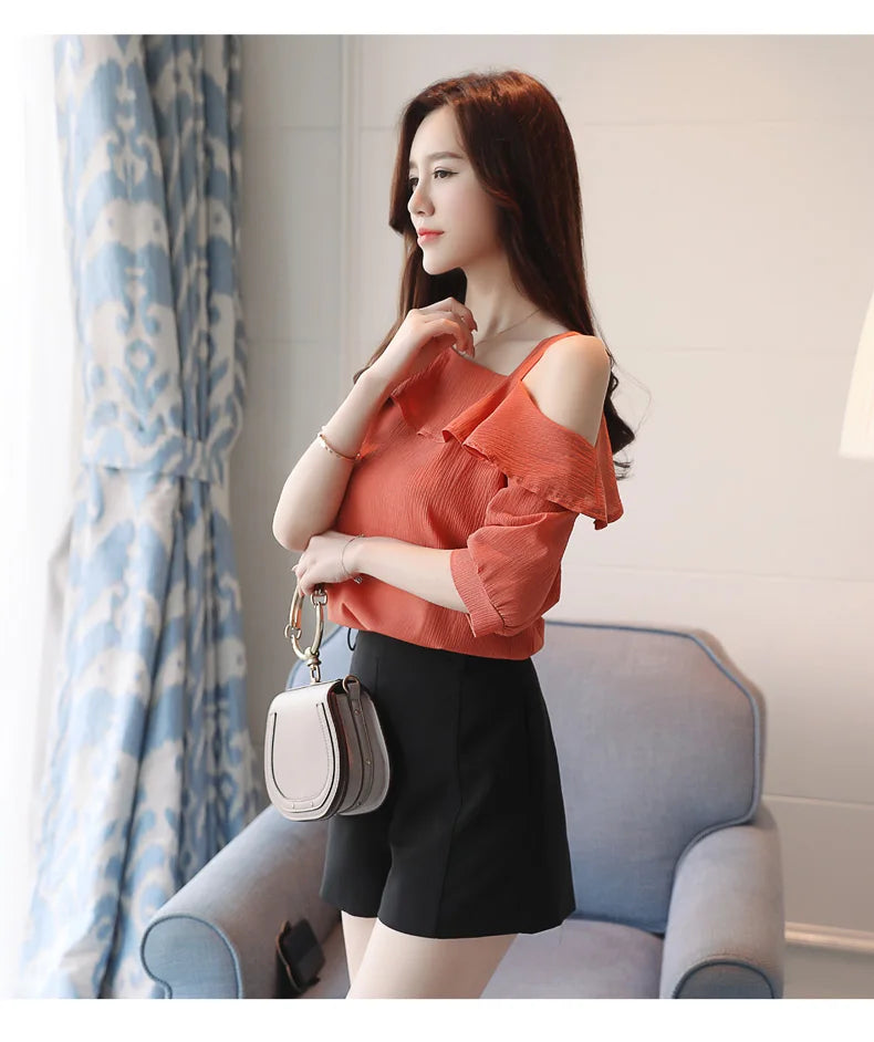 Women's Shirt Tops One-Shoulder Ruffles Short-sleeved Chiffon Blouse