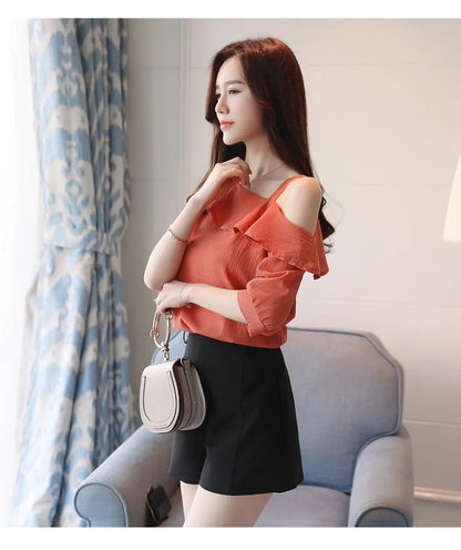 Women's Shirt Tops One-Shoulder Ruffles Short-sleeved Chiffon Blouse