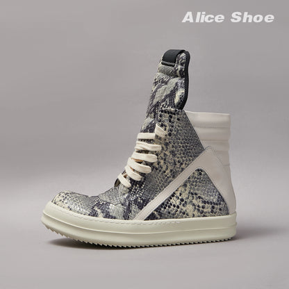 Brand Men Ankle Boot Casual Leather High Top Women Sneaker Python-Embossed Flat Luxury Trainer Designer Platform Grey Flat Shoe