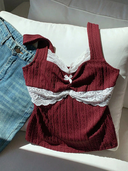 Y2K summer fashion new patchwork lace bow decoration pure desire vest, versatile top for wearing outside