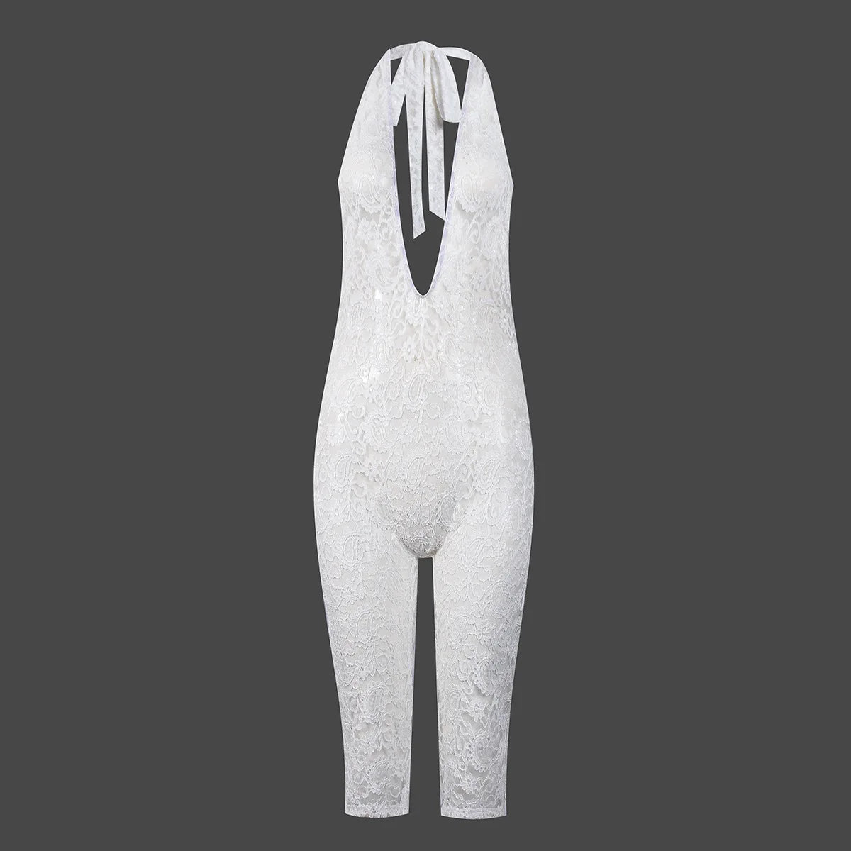 hirigin Chic Women Sheer See Through Capri Bodysuit Lingerie Halter V Neck Sleeveless Open Back Slim Fit Lace Jumpsuit Romper
