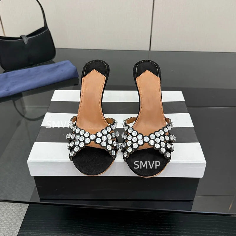 Summer 2026 Women's Pink Crystal High Heels Diamond-Encrusted Slim Heel Sandals for Outdoor Weddings Parties Fashionable Ladies'