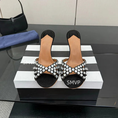 Summer 2026 Women's Pink Crystal High Heels Diamond-Encrusted Slim Heel Sandals for Outdoor Weddings Parties Fashionable Ladies'