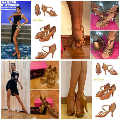 UK Latin Dance Women's Medium-Heel Latin Shoes Brown Oiled Leather Soft Indoor Sole for Competition Daily Practice