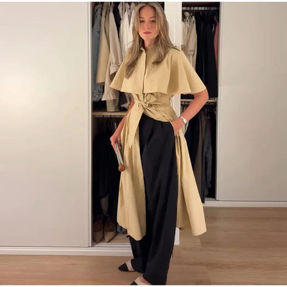 Women's Trench Style Midi Dress Stand Collar Cape Overlay Short Sleeve Belted Waist A‑Line Dresses Autumn Elegant Office Outfits