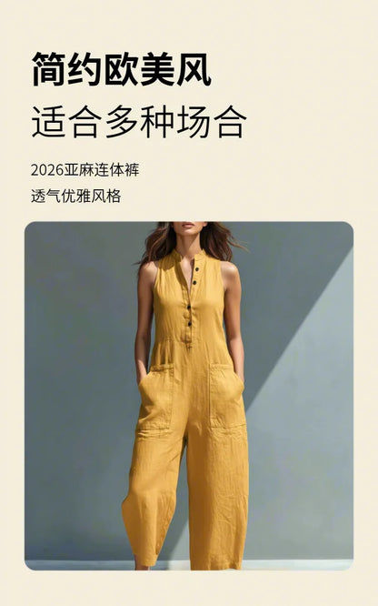 Cotton And Linen Jumpsuit Women Stand Collar Sleeveless Pocket High Waist Wide Legs Jumpsuits Casual Commuting Ladies Bodysuits