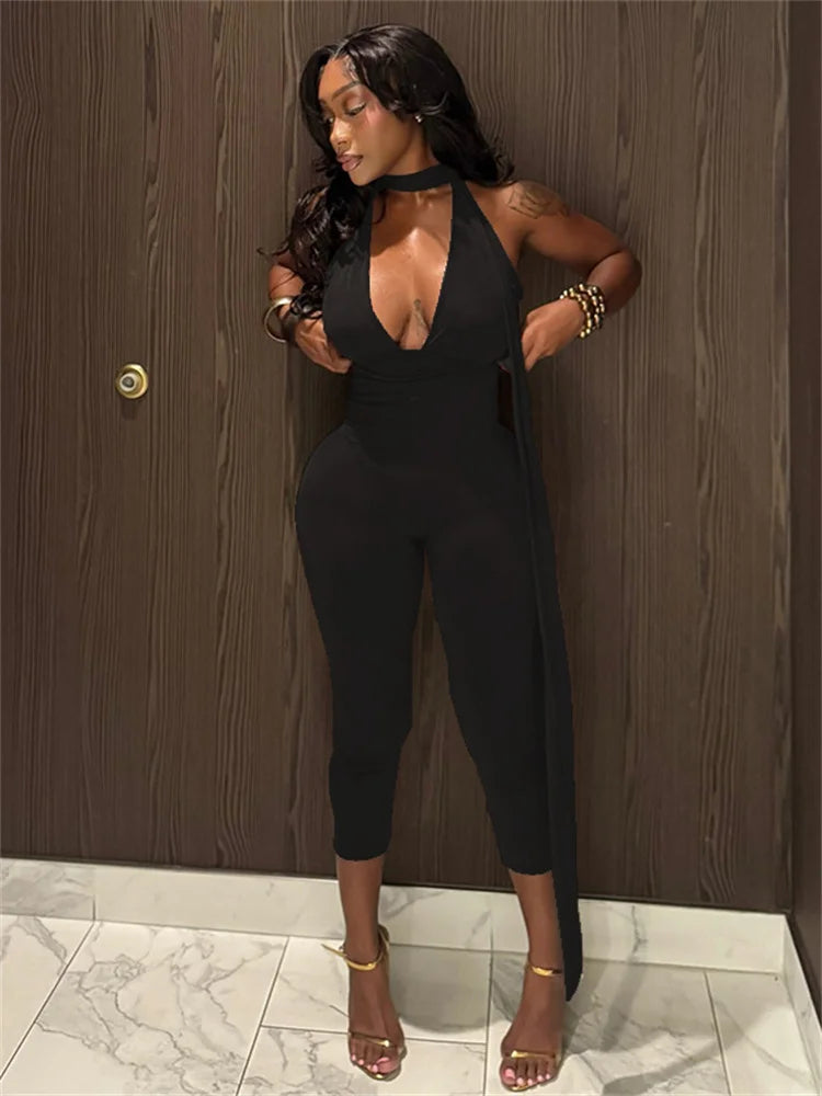 Kliou Sexy Backless Jumpsuits Woman Halter Ribbon Deep V-Neck Sleeveless Skinny Peach Hip Hot Girls High Street Fashion Overalls