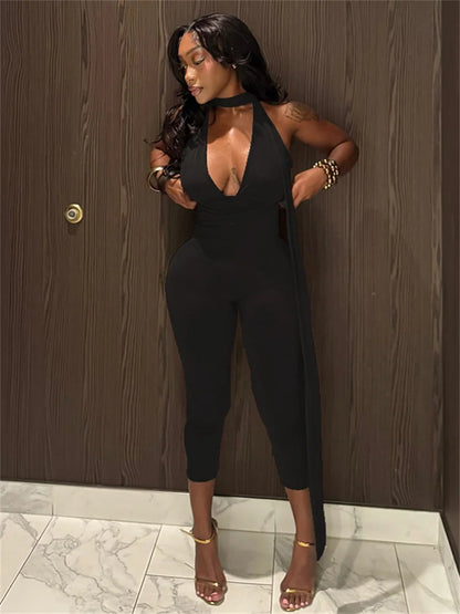 Kliou Sexy Backless Jumpsuits Woman Halter Ribbon Deep V-Neck Sleeveless Skinny Peach Hip Hot Girls High Street Fashion Overalls