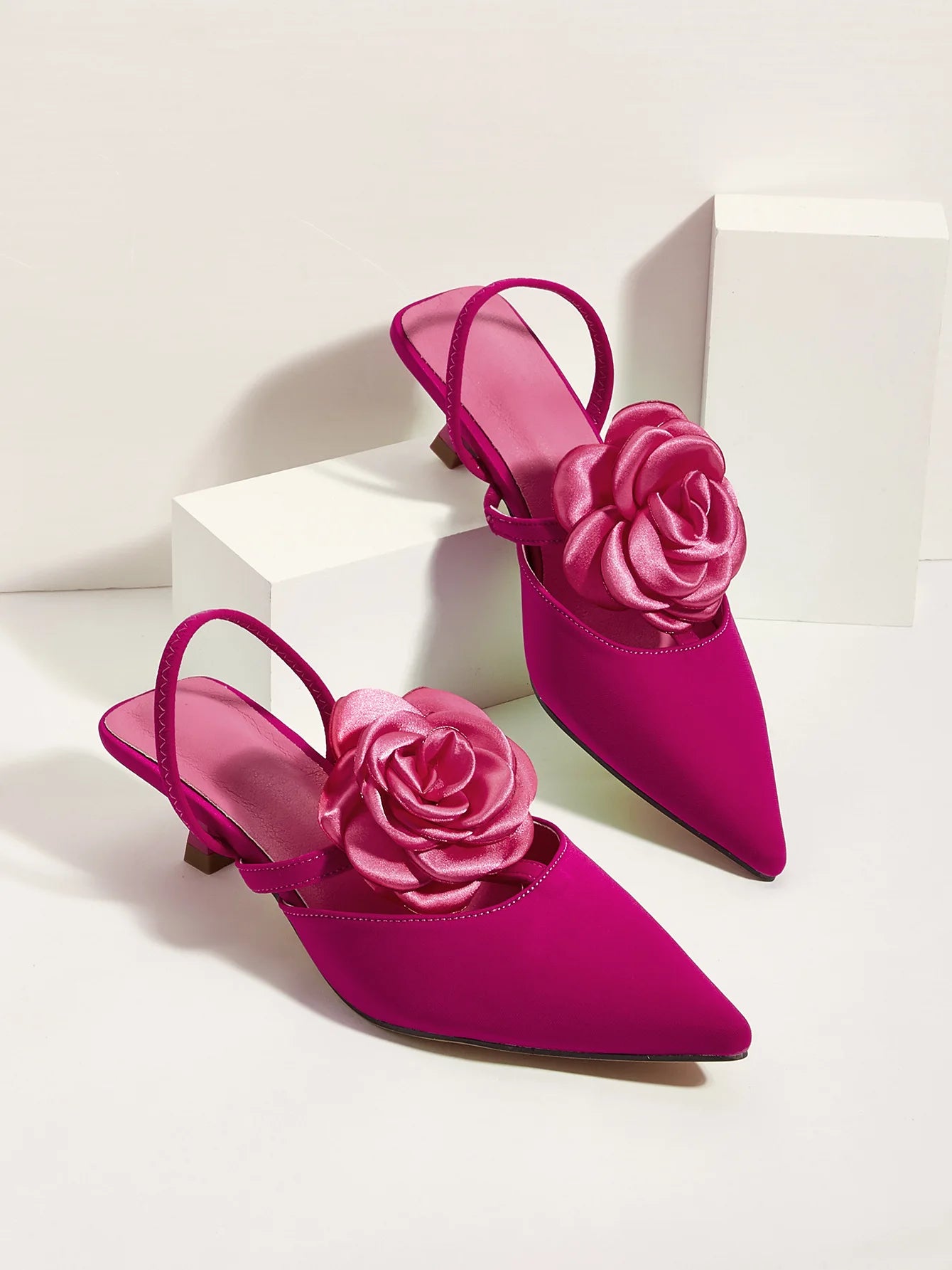 INSIGHTLINK Pink Women's Pointy Toe Kitten Heels Slingback Pumps Elegant Satin Sandal Rose Flower Office Shoes Luxury Stilettos