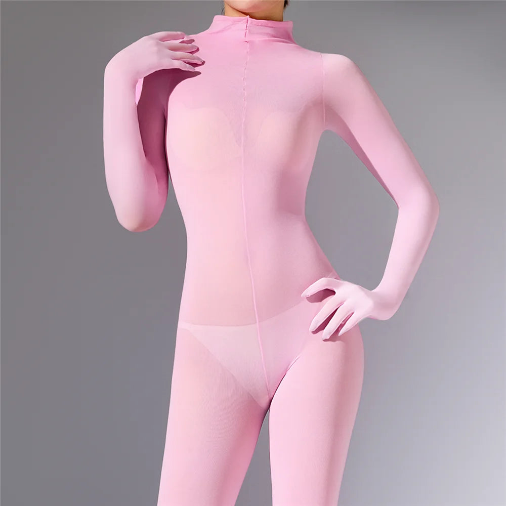 Plus Size Sexy Women 120D Five Finger Glove Sleeve Bodysuit Seamless Tight Warm High Elastic Shaping Cosplay Unisex Fit Jumpsuit