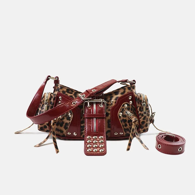 Women's Y2k Punk Vintage Shoulder Purse PU Leather Gothic Rivet Handbag Waist Bag Luxury Black Cross Body Bags with Spikes