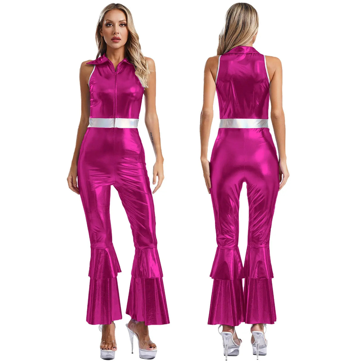 Women Vintage One Piece 70s Disco Dance Rompers Sleeveless Metallic Bell Bottom Flared Pants Jumpsuit for Retro Party Jazz Dance