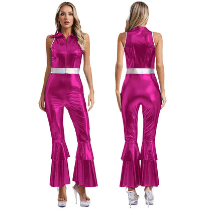 Women Vintage One Piece 70s Disco Dance Rompers Sleeveless Metallic Bell Bottom Flared Pants Jumpsuit for Retro Party Jazz Dance