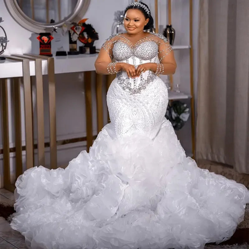 Customized Plus Size Wedding Dress For Bride Mermaid Wedding Dresses Bridal Gowns Long Sleeves Crystals Beaded Lace Pearls