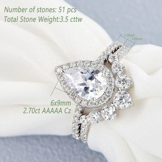 Newshe 1.5 Ct Halo Pear Cut 925 Silver Engagement Ring Set for Women Cambered Wedding Band High Grade Cz Luxury Bridal Jewelry